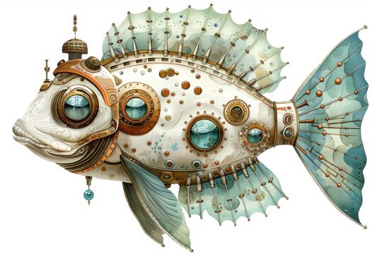 Steampunk-inspired fish illustration featuring brass elements and intricate detailing, blending nautical and mechanical aesthetics in a vibrant, imaginative style.