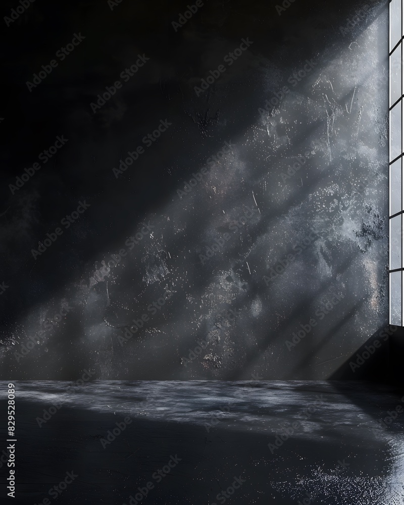 Poster 3d render of black empty room and light from the window