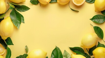Vibrant citrus fruits and verdant leaves arranged on sunny yellow backdrop, top view with ample copy space for fresh designs and concepts