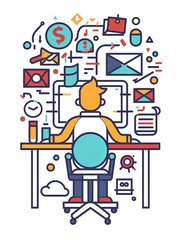 Fototapeta premium A man is sitting at a desk with a computer monitor in front of him