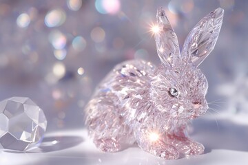Shimmering Crystal Rabbit with Vibrant Colors and Diamond-like Facets in a Magical, Dreamlike Setting.