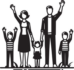 Family with Hands Up Vector Silhouette Illustration. Husband Wife & Children are Enjoying