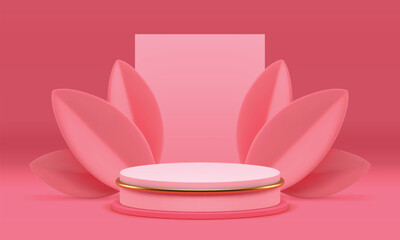 3d pink luxury podium with leaves mock up for cosmetic product show realistic vector illustration