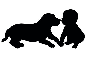A Baby play with pet dog, they are close each other and enjoy the moment vector silhouette