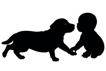 A Baby play with pet dog, they are close each other and enjoy the moment vector silhouette