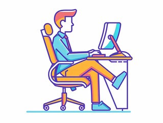 A man is sitting at a desk with a computer and keyboard