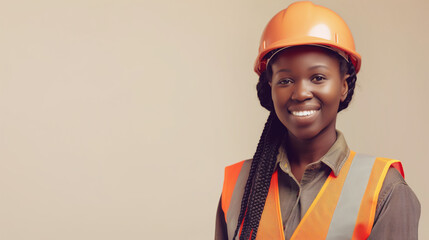 Smiling female construction worker wearing hard hat and safety vest. Confident woman with braided hair standing against plain background - Powered by Adobe