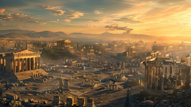 A sprawling ancient Greek cityscape with remnants of temples and public buildings