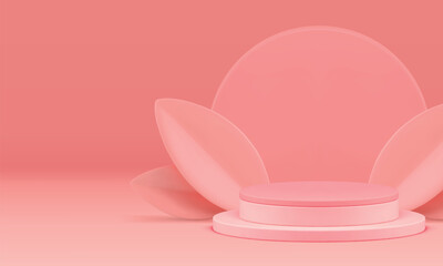 Elegant pink 3d podium with leaves mock up for cosmetic product presentation realistic vector