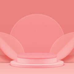 3d cylinder podium pink pastel pedestal with elegant leaves decor realistic vector illustration
