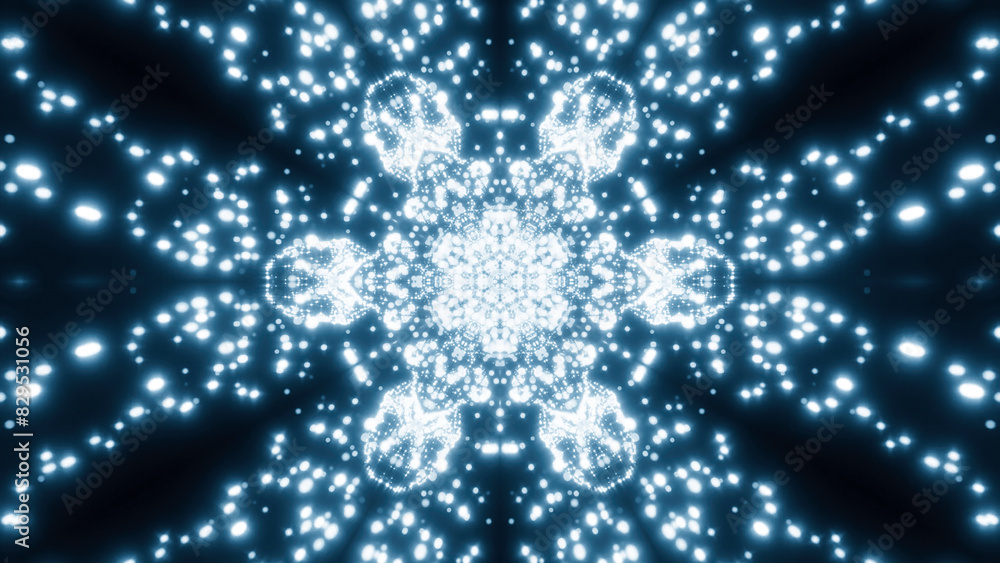 Poster kaleidoscope of glowing flying stars. design. pulsating ornament pattern with spreading particles.