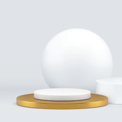 White golden 3d podium pedestal mock up for cosmetic product show realistic vector illustration