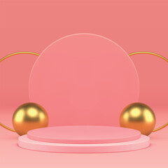 3d luxury cylinder podium pink pedestal with golden decor for presentation realistic vector