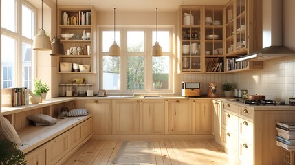 Fototapeta premium A Scandinavian-inspired open kitchen with blonde wood cabinets, minimalist pendant lights, and a cozy reading nook by the window