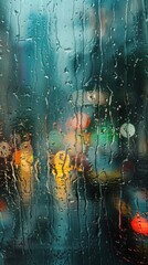 a digital texture that mimics the look of a rainy window, with streaks of water and a view of the city outside.