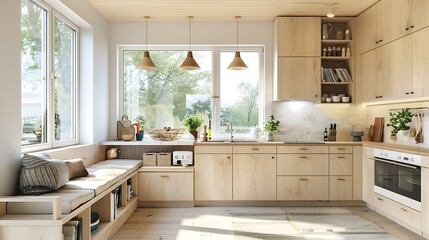 A Scandinavian-inspired open kitchen with blonde wood cabinets, minimalist pendant lights, and a cozy reading nook by the window