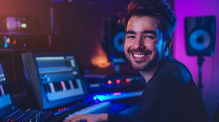 Happy Young Music Producer Positive in the Studio Working with Gear and Color Background
