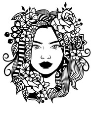 Floral Mandala Lady Illustration, Mandala Girl Cut File, Floral Girl Stencil, Floral Woman Vector, Mandala Floral Hair Clipart