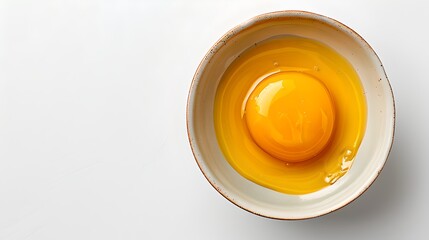 Fresh raw egg yolk in a bowl on white background. Top view of an uncooked egg. Simple and clean. Ideal for cooking, recipes, food blogs, healthy eating. AI
