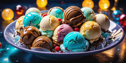 Fototapeta premium A colorful display of ice cream flavors in various forms. Scoops of ice cream in different colors and textures fill bowls, cones, and waffle cups