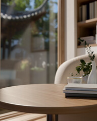 A round wooden table near the window in a contemporary minimalist room.