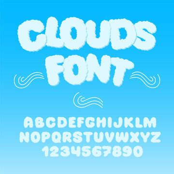 Clouds Fluffy Font. Cloudy Sky Alphabet. Cartoon Azure Letters and Numbers.