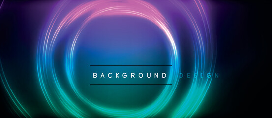 Neon glowing circle rays, light round lines in the dark, planet style neon wave lines. Energetic electric concept design for wallpaper, banner, background