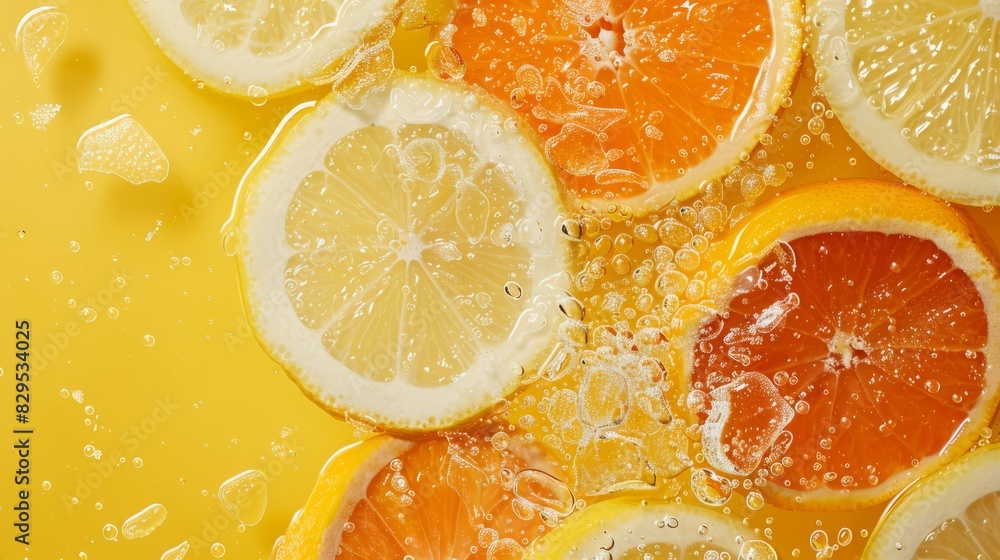 Wall mural Slices of fresh orange and lemon floating in clear water against vibrant yellow background, refreshing citrus beverage concept, bright summer refreshment idea