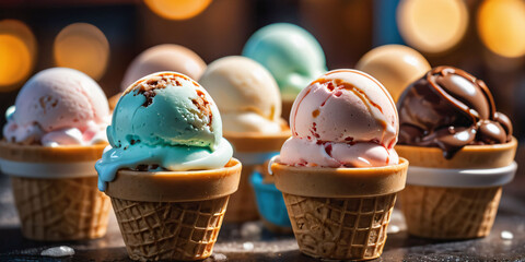  A colorful display of ice cream flavors in various forms. Scoops of ice cream in different colors and textures fill bowls, cones, and waffle cups. Pints and tubs with labeled flavors 