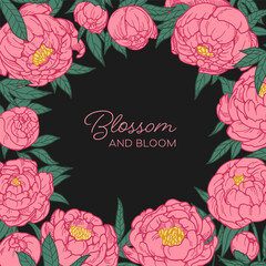 Peony flowers, card design. Floral frame, background. Retro vintage blossom and leaves. Natural beautiful blooms, garden, botanical template. Detailed realistic hand-drawn vector illustration