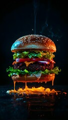 A photorealistic design of a large, unassembled burger with plentiful cheese and ingredients levitating against a black backdrop, with melted cheese dripping on the floor.