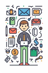 A man is holding a laptop and surrounded by various items such as a cell phone