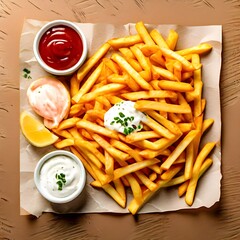 Top-View Banner of Crisp French Fries on Paper with White Sauce and Ketchup, French Fries with ketchup, 