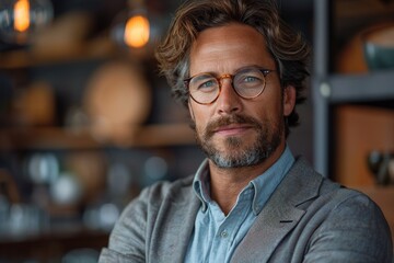 Fototapeta premium Casual but sophisticated, this man poses confidently with glasses and a modern hairstyle against a blurred shelving background