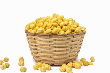 Roasted Garbanzo Bean or Chickpea in a Bamboo Basket Isolated on White Background with Copy Space,...