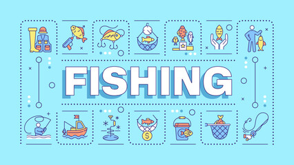 Fishing turquoise word concept. Fish harvesting, business. Touristic activity, contest. Typography banner. Vector illustration with title text, editable icons color. Hubot Sans font used