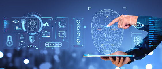 Man finger touch face id, biometric scanning and tablet with digital hologram