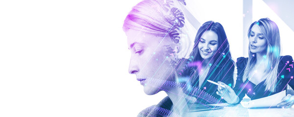 Fototapeta premium Multi-exposure of businesswomen with arrows and digital elements