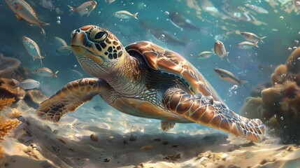 Obraz premium A sea turtle swims gracefully underwater surrounded by small fish and sunlight rays, showcasing the beauty of marine life and the importance of conservation.