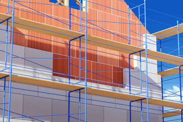 Construction scaffolding, detailed close-up, exterior wall with orange panels, blue metal and wood...