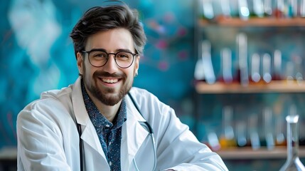 Obraz premium Happy Young Professor Radiating Positivity while Working on Colorful Background