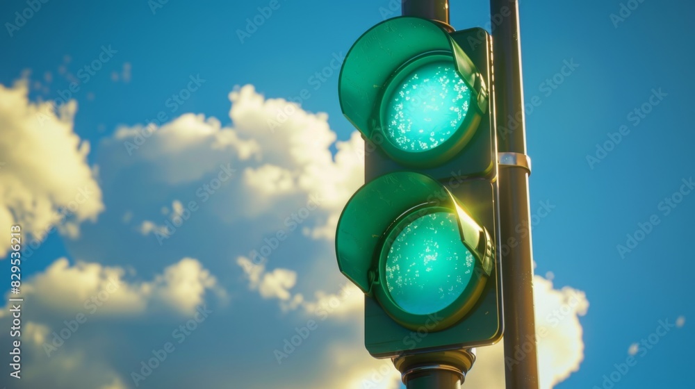 Poster a close-up of a green traffic light with a clear blue sky and fluffy clouds in the background.