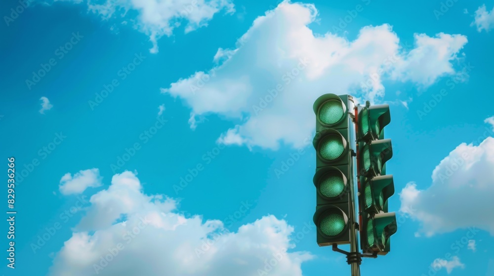Poster a close-up of a green traffic light with a clear blue sky and fluffy clouds in the background.