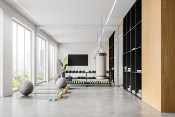 Modern fitness studio with equipment in white, spacious interior with city view, minimalist design. 3D Rendering