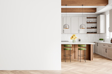 Cozy home kitchen interior with bar island and cooking cabinet, mockup wall