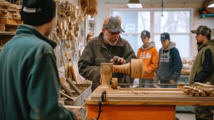 A skilled woodworker demonstrates lathe techniques to a group of engaged young apprentices in a well-equipped workshop. AIG41