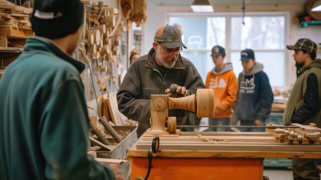 A skilled woodworker demonstrates lathe techniques to a group of engaged young apprentices in a well-equipped workshop. AIG41
