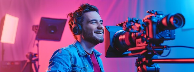 Joyful Video or Film Producer Working in Vibrant Studio Environment
