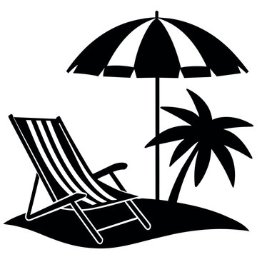 A Dock chair with a umbrella on the sea beach vector silhouette white background