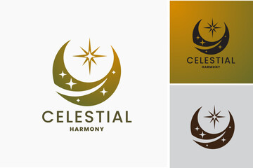 Crescent Celestial Harmony Logo: A harmonious design with a crescent moon and stars, symbolizing balance and tranquility. Ideal for holistic centers, meditation studios, or astrology services.